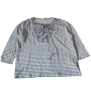 Lacoste Blouse Stripe 3/4 Sleeve Lace Up Yoke Blue White L GUC
